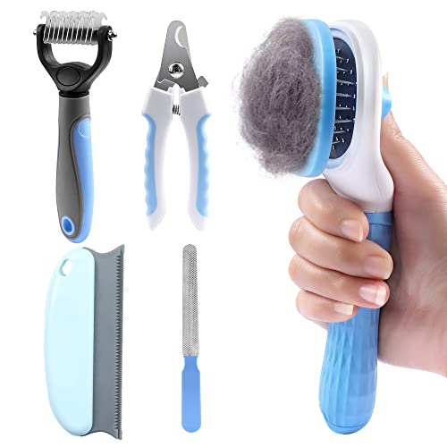 Pet Self Cleaning Slicker Brush Set for Dogs, Cats, Dog Grooming Brushes for Shedding Hair Fur, 5 in 1 Dogs Comb Grooming Set with Nail Clippers Hair Remover for Long &Short Hair Dogs, Rabbits