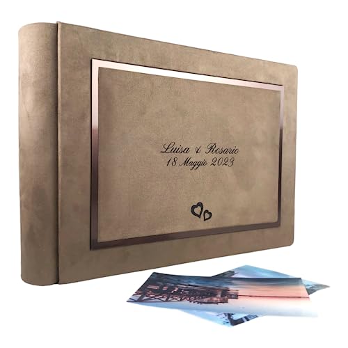 Elegante álbum de fotos hecho a mano de tela de Alcántara, personalizable con grabado, ideal para bodas, aniversarios, comuniones, bautizos, todos los eventos (camello)