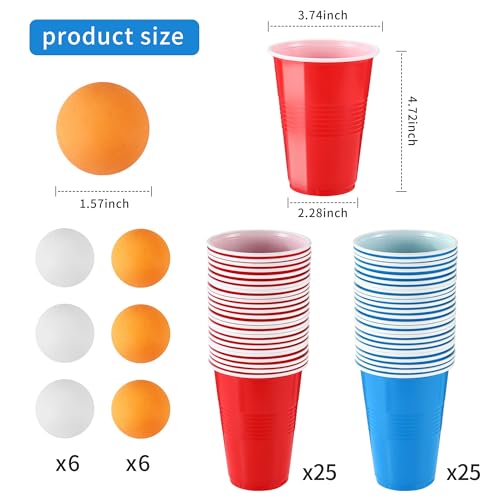 BUCOMTU Becher Set,Becher Partybecher Enthält 50 Becher (16oz) und 12 Tischtennisbälle,mehrweg Becher,Perfekt für Party Partys, Geburtstage, Hochzeiten, Camping