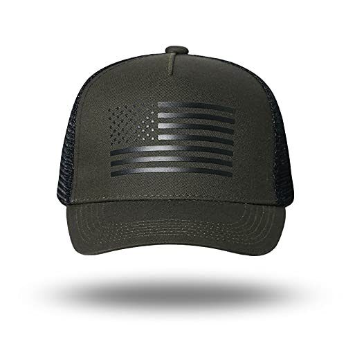 American Flag Trucker Hat - Snapback Hat, Baseball Cap For Men Women - Breathable Mesh Side, Adjustable Fit - For Casual Wear Olive/Black #TOP5