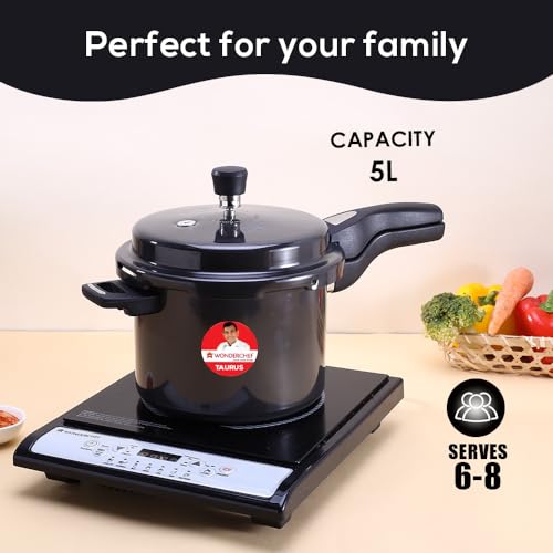 Image of Wonderchef Taurus Hard Anodized Outer Lid Pressure cooker, 5 liter, Cool Touch Handles for Durability, Induction Friendly, Black, 5 year warranty, ISI Certified