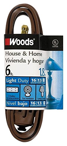 Woods Light Duty Extension Cord, 6Ft, 16 Gauge, SPT-2, 3 Outlet Cube Tap, Indoor Cord, Brown, 0600