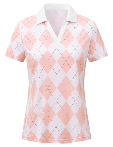 BGOWATU Women's Short Sleeve Golf Tennis Polo Shirts V Neck Collared Workout Tops UV Protection Dry Fit, Salmon Pink Argyle, Small