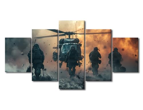 ‌Wall Art Airborne Recon Strike‌ Multi-Panel Framed Military Artwork Depicting Armed Troops Advancing Through Smoke Clouds With Combat Helicopter Overhead Tactical Intensity Décor(60"Wx32"H)