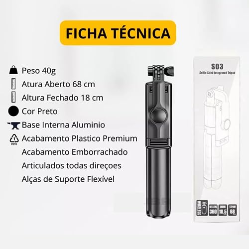 Tripé Bastão Pau De Selfie Bluetooth Retrátil com LED E Portátil Com Controle Remoto Compatível Com