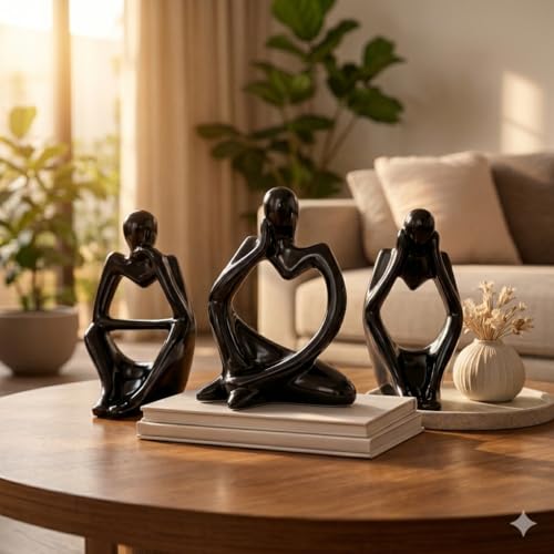 Image of Floryn Decor Thinker Men Statue Set of 3 - Modern Black Matte Ceramic Showpiece for Home Decor, Living Room, Bedroom, Office Desk & Table, Bookshelf Decoration | Minimalist Abstract Figurines