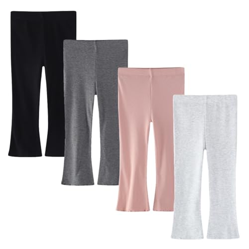 WATOCHE Baby Toddler Girl Flare Pants 4 Pack Toddler Bell Bottom Leggings Girls Soft Cotton Ribbed Ruffle Pants Fall Clothes(Black+Grey+Offwhite+Pink,3-4T)