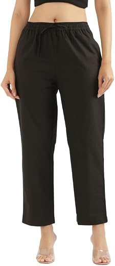SAADAA Cotton Straight Pants for Women | Breathable Everyday Wear Trousers | Drawstring, Deep Pockets & Elastic Waistband...