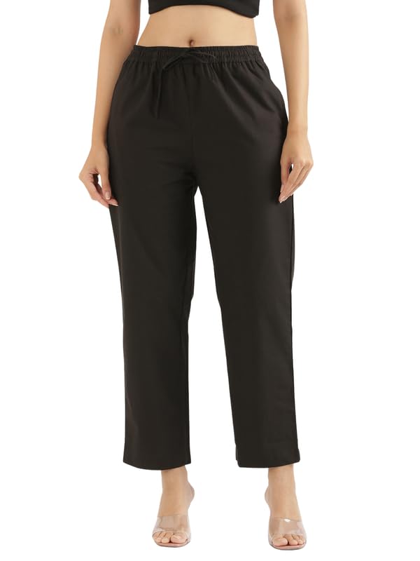 Image of SAADAA Cotton Straight Pants for Women | Breathable Everyday Wear Trousers | Drawstring, Deep Pockets & Elastic Waistband | Casual & Comfortable Fit