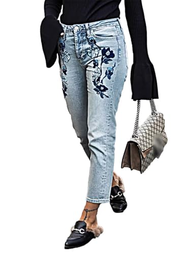 Flamingals Straight Leg Mid Rise Casual Cropped Jeans Wash Floral Embroidery Denim Jeans