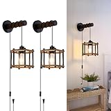 Dijiahua Plug in Wood Wall Sconces Set of 2,Rustic Farmhouse Wall Lamp with 9.19FT On/Off Switch Cord, Adjustable Hanging Wall Mount Lighting with Oak Wooden and Hexagonal Cage for Bedroom Living Room
