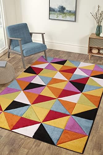 Quality Handcarved Geometric Design Rainbow Multi Coloured Rug in Various sizes Carpet (80x150cm (2'6''x5'0''), Samba Multi)