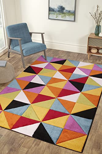 Quality Handcarved Geometric Design Rainbow Multi Coloured Rug in Various sizes Carpet (80x150cm (2'6''x5'0''), Samba Multi)