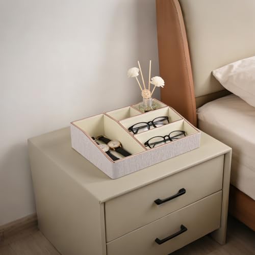 Image of PU Leather Makeup Organizer Tray,Large Vanity Organizer,Cosmetic Storage Box for Lipstick Brushes Skincare Perfume,Cosmetic Display Case Rose Gold-trimmed for Dresser,Bathroom Countertop(Beige)