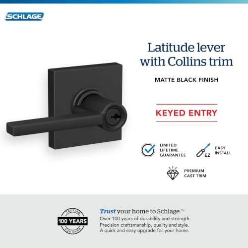 Image of SCHLAGE Latitude Keyed Entry Door Handle, Reversible, Matte Black | Keyed entry lever door handle with turn-button lock, Easy to install, Certified security & durability, Universal fit, 2 keys
