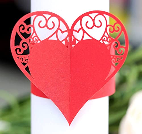qbodp Ronds De Serviette Ensemble Jetable De 100,Ronds De Serviette en Forme De Coeur pour Banquet De Mariage,Accessoires De Décoration De Table Boucles De Serviette en Papier,Rouge