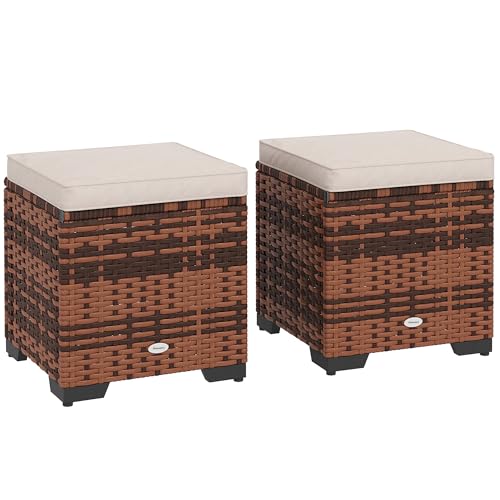 Outsunny Set of 2 Rattan Storage Ottoman, Outdoor Footstool with Removable Cushions, Garden Storage Seat for Balcony, Porch, Living Room, Beige