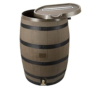 RTS Home Accents Polyethylene Premium Flat Back Rain Barrel with Removable Lid, 55 Gallon, Woodgrain with Black Stripes