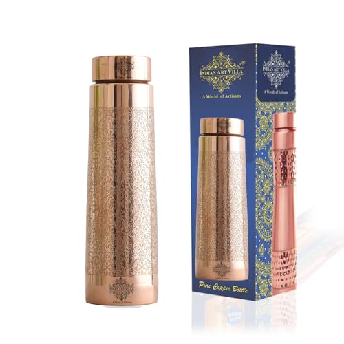 Image of INDIAN ART VILLA Copper Drinkware Pyramid Shape Embossed Design Copper Bottle, 800 ML, Printed Shine Brown