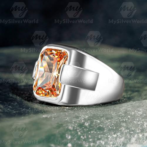 925 Sterling Silver Rectangle Shape Orange Citrine Stone Turkish Men Ring2