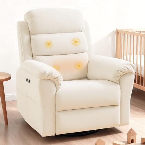 FLEXISPOT Souffle Swivel Rocker Recliner Chair for Adults, Nursery Rocking Glider Chair with Massage & Heat, FSC Wood Frame, Manual Recliner for Living Room, Nursery & Relaxation, White