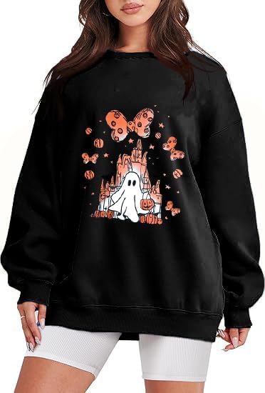 Halloween Sweatshirts for Women: Oversized Ghost Castle Sweatshirt Cute Spooky Season Sweater Fall Pullover Tops - Image 6