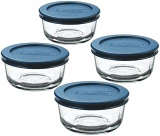 Anchor Hocking 1-Cup Round, Glass Food Storage Containers with Plastic Lids, Blue, Set