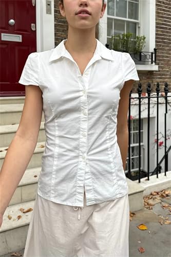 Image of Y2k Girls Vintage Coquette Button Down Shirt Women Short Sleeve V-Neck Slim Fitted T-Shirt Cute Blouse Crop Top