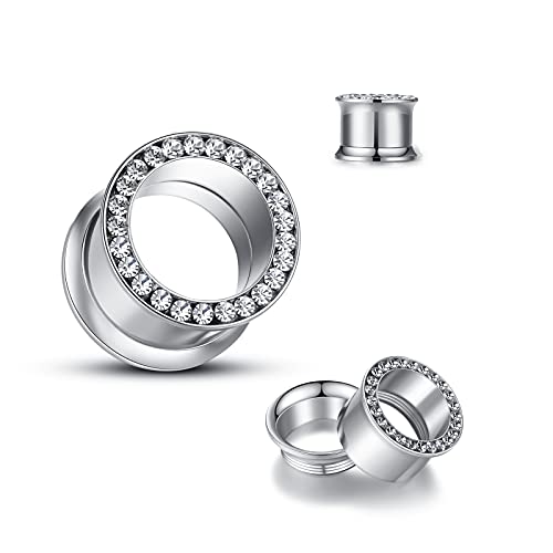 Wbrwp A004-1SI-3MM 2Pcs Hollow Silver Color Stainless Steel With Zircon Screw Ear Plugs Tunnels - Ear Expander - Ear Gauges Stretcher Body Piercing Jewelry 8G thumb #1