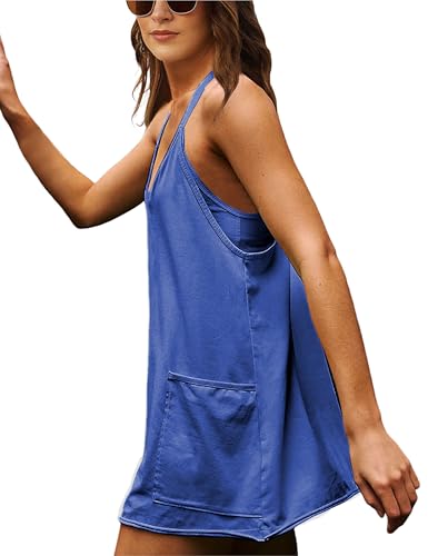 Image of Womens Athletic Sundress with Built-in Shorts Golf Tennis Romper | Sleeveless Mini Spaghetti Strap dress Functional side pockets tummy-friendly fit casual beach vacation