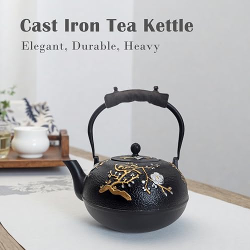 Image of Cast Iron Teapot SECHUDO Teapot for Stovetop Safe Coated with Enameled Interior,Japanese Beautiful Tea Kettle with Stainless Steel Infuser for Loose Tea (60.9oz Plum Blossoms and Bird Pattern)