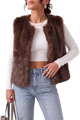 Fuzzy Furry Vest for Women Crop Faux Fur Jacket Sleeveless Coat Brown XL