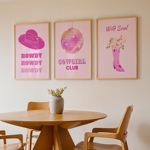 Image of NoWorries Modern Cowgirl Theme Wall Art Framed Painting Set | Pink Western Pop Art & Typography Posters | Premium 300 GSM Paper Print with Synthetic Wooden Frame | Aesthetic Wall Decor for Hotel, Living Room & Bedroom (Pattern-illustration) (Set of 3) (NATURAL, ART-3, 13X19INCHES)