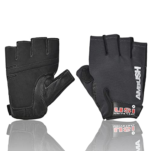 USI UNIVERSAL 733A Ambush Fitness Gym Gloves, Workout Powerlifting Gloves, Leather Polyester, Elastane Neoprene, Foam Construction, Suede Leather Palm (Small, Black)