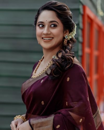 Image of Sugathari Women's Maroon Banarasi Kanchipuram Art Silk Saree for Women - Traditional Wedding & Party Saree with Blouse Piece - Ethnic Indian Silk Saree for Bridal, Festive (KS-156)