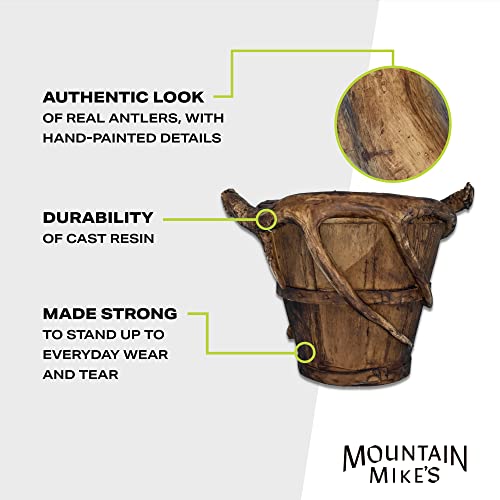 Mountain Mikes - Well Bucket Waste Basket - Durable Decor Inspired By The Outdoors - Rustic Wood Look With Reproduction Antler Handle - Resin Cast - 12” H #TOP5
