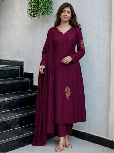 Image of ANNI Designer Kurta Set for Women Viscose Embroidered | A-Line Kurta Pant Dupatta Set for Woman | Long Sleeve V-Neck Stylish Ethnic 3 Piece Outfit Trendy Women Clothing