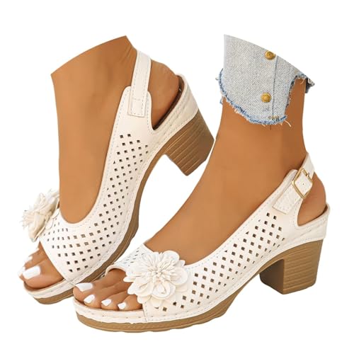Women's Block Heel Flower Heels,Flower Sandals for Women,Strappy Sandals for Women 2025 Summer Casual Ankle Strap Hollow Out Platform Wedge Fashion Footwear