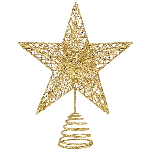KEYIDO Christmas Tree Topper, Gold 3D Hollow Glitter Tree Star, 10 Inch Large Metal Christmas Treetop Star for Xmas Tree Topper Ornaments Christmas Home Decorations