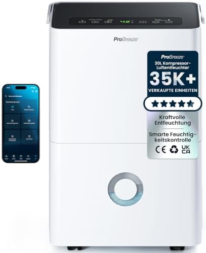 Pro Breeze 30L Luftentfeuchter mit App & WLAN | Starke Entfeuchtung und intelligente Feuchtigkeitskontrolle mit Sensor und automatischer Abschaltung