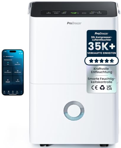 Pro Breeze Luftentfeuchter 30L in 24h Entfeuchtungsleistung - Elektrischer Luftentfeuchter mit WLAN & App - Feuchtigkeitssensor, 4L Wassertank, Timer, Ablaufschlauch - Gegen Feuchtigkeit, Schimmel
