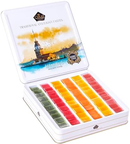 Cerez Pazari Turkish Delight Candy Gift Basket 1.6 lb, Lokum Dessert Gourmet With 6 Unique Flavors, Christmas Holiday Corporate Food Gifts In Elegant Metal Box