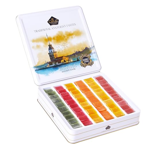 Cerez Pazari Turkish Delight Candy Gift Basket 1.6 lb, Lokum Dessert Gourmet With 6 Unique Flavors, Christmas Holiday Corporate Food Gifts In Elegant Metal Box