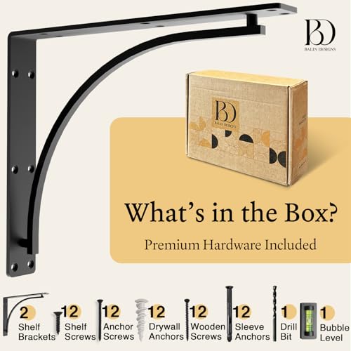 Classic Black Heavy Duty Shelf Brackets 16 inch by Balin Designs– L Bracket, Wall Mounted Support, Extra Wide Bracket, Decorative Shelf Brackets, Fireplace Mantel with Hardware Included, Set of 2 by Balin Designs - Used condition - Image 3