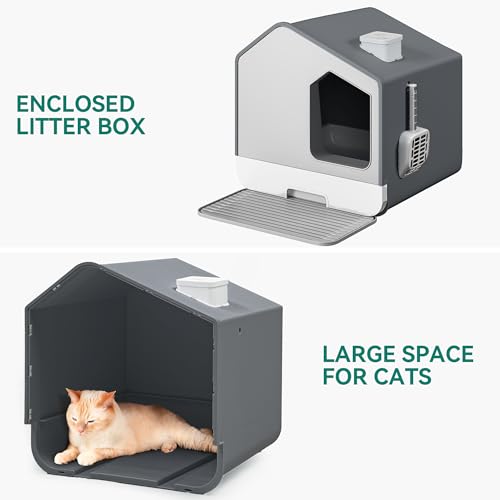 YITAHOME Cat Litter Box Large Enclosed Pullout Cat Litter Tray - High Sides Gray House Litter Pan with Scoop & Mat Slide Out Tray XXL Covered Easy Clean Litter Tray (Gary） - Image 7