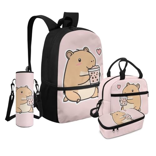Cozeyat Milk Tea Capybara Backpack for Girls 4-in-1 Back to School Set Kindergarten to Elementary Backpack with Lunch Box & Pencil Case for Kids Age 6-82