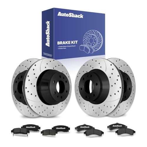 AutoShack Front & Rear Drilled & Slotted Brake Rotors Ceramic Brake Pads | Replacement for Chevrolet Trailblazer Oldsmobile Bravada 2002-2005 GMC Envoy | E-Coated | 12-PC Brake Kit | ShadowGuard