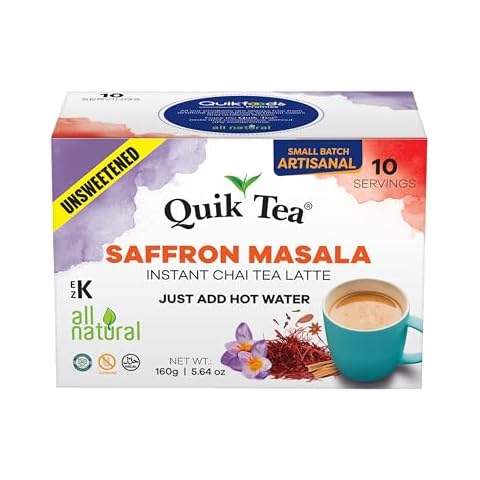 QuikTea Unsweetened Saffron Masala Chai Tea Latte Powder- 10 Count Single Box - All Natural Sugar Free Instant Chai Tea Mix- Just Add Hot Water (Regular) | Healthy Coffee Alternative Cover