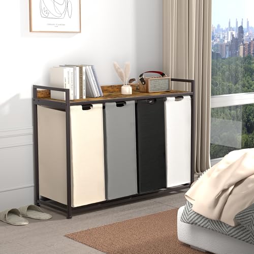 Herture-Laundry-Hamper-with-Shelf-Laundry-Basket-4-Section-Laundry-Sorter-with-Pull-Out-Removable-Large-4-Color-Bags-and-Movable-Wheels-Metal-Frame-4-x-1587-Gallons-60L-Rustic-Brown-PF07XLN