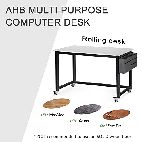 Spurgehom Rolling Computer Desk With 4 Smooth Wheels, Simple Style Mobile Writing Desk Home Office Study Table Movable Workstation With Metal Frame… (White, 47") #TOP3